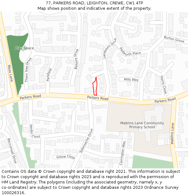 77, PARKERS ROAD, LEIGHTON, CREWE, CW1 4TP: Location map and indicative extent of plot