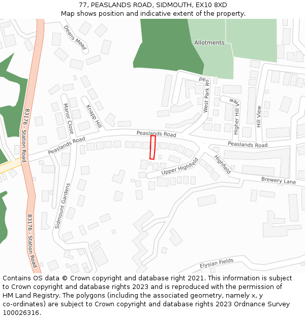 77, PEASLANDS ROAD, SIDMOUTH, EX10 8XD: Location map and indicative extent of plot