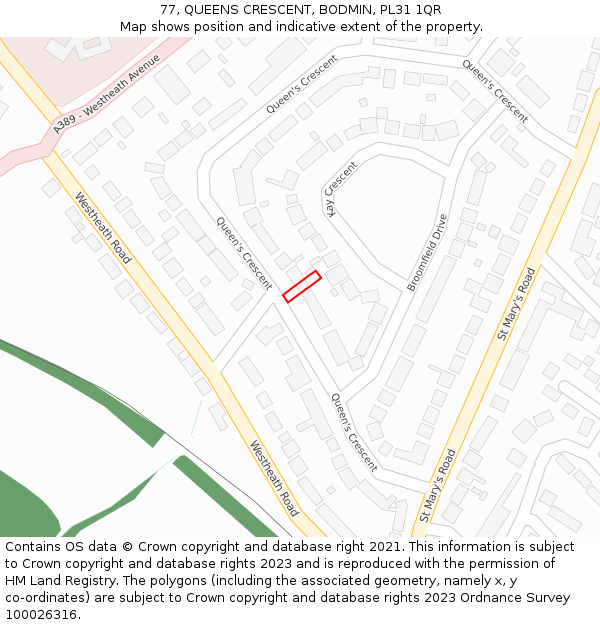 77, QUEENS CRESCENT, BODMIN, PL31 1QR: Location map and indicative extent of plot