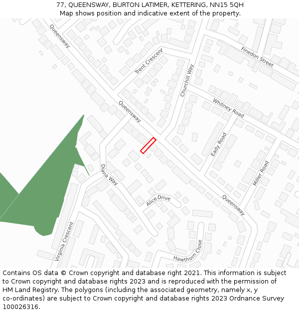 77, QUEENSWAY, BURTON LATIMER, KETTERING, NN15 5QH: Location map and indicative extent of plot