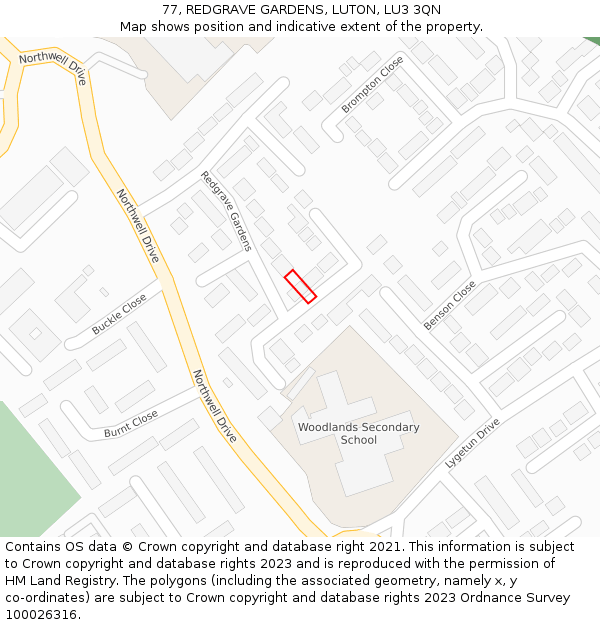 77, REDGRAVE GARDENS, LUTON, LU3 3QN: Location map and indicative extent of plot