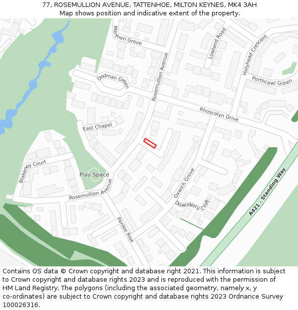 77, ROSEMULLION AVENUE, TATTENHOE, MILTON KEYNES, MK4 3AH: Location map and indicative extent of plot