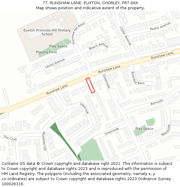 77, RUNSHAW LANE, EUXTON, CHORLEY, PR7 6AX: Location map and indicative extent of plot