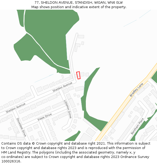 77, SHELDON AVENUE, STANDISH, WIGAN, WN6 0LW: Location map and indicative extent of plot