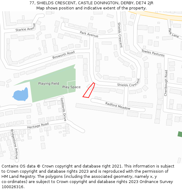 77, SHIELDS CRESCENT, CASTLE DONINGTON, DERBY, DE74 2JR: Location map and indicative extent of plot