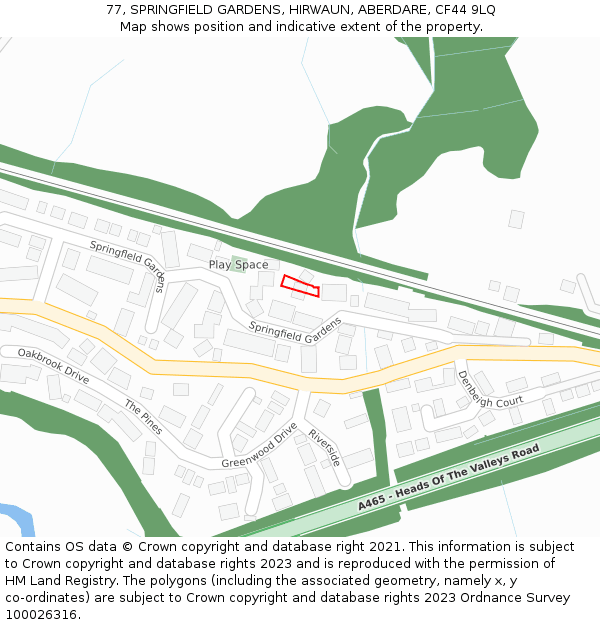 77, SPRINGFIELD GARDENS, HIRWAUN, ABERDARE, CF44 9LQ: Location map and indicative extent of plot