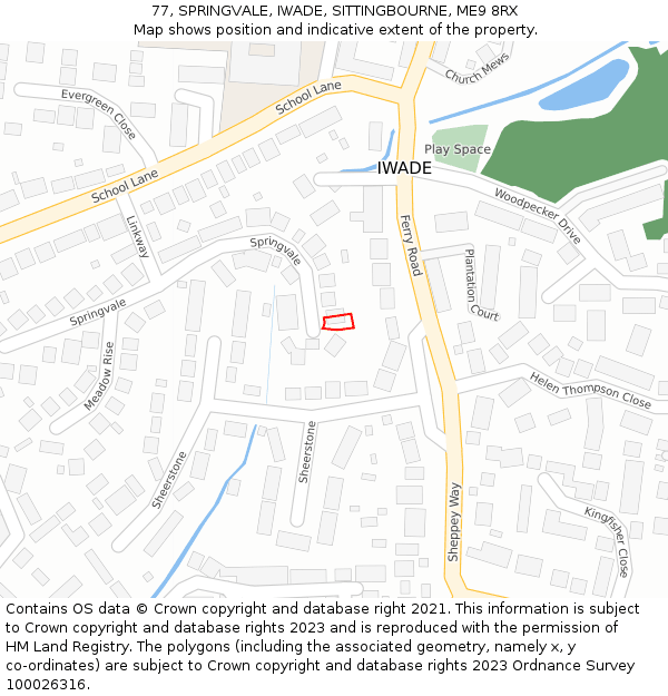 77, SPRINGVALE, IWADE, SITTINGBOURNE, ME9 8RX: Location map and indicative extent of plot