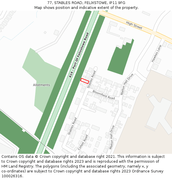 77, STABLES ROAD, FELIXSTOWE, IP11 9FG: Location map and indicative extent of plot