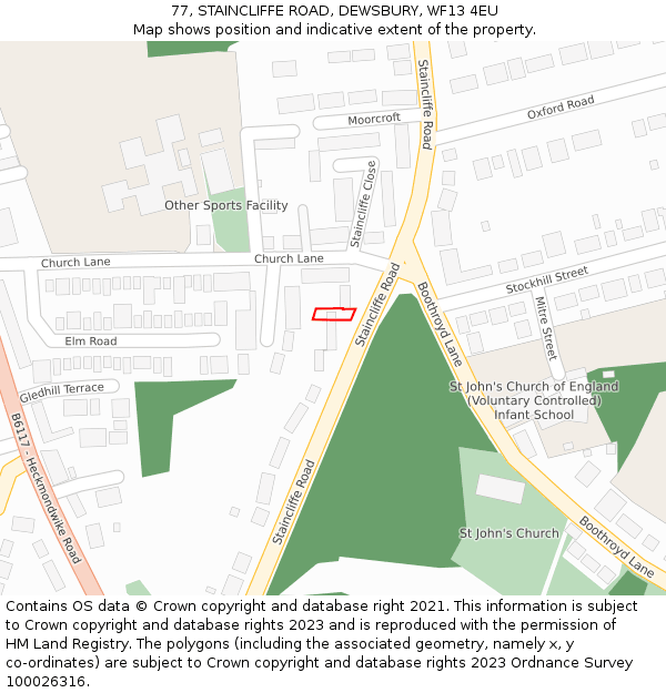 77, STAINCLIFFE ROAD, DEWSBURY, WF13 4EU: Location map and indicative extent of plot