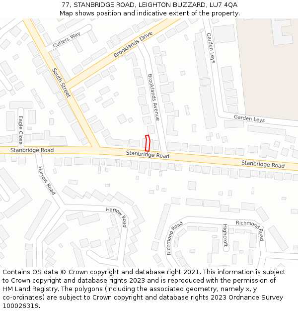 77, STANBRIDGE ROAD, LEIGHTON BUZZARD, LU7 4QA: Location map and indicative extent of plot