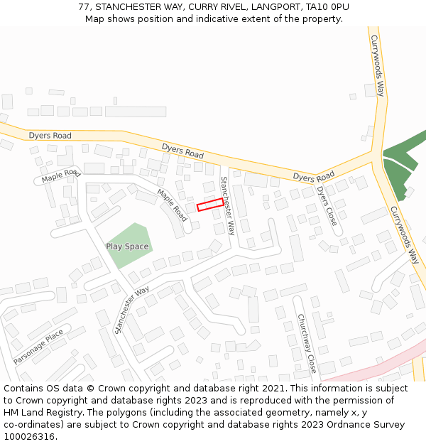 77, STANCHESTER WAY, CURRY RIVEL, LANGPORT, TA10 0PU: Location map and indicative extent of plot