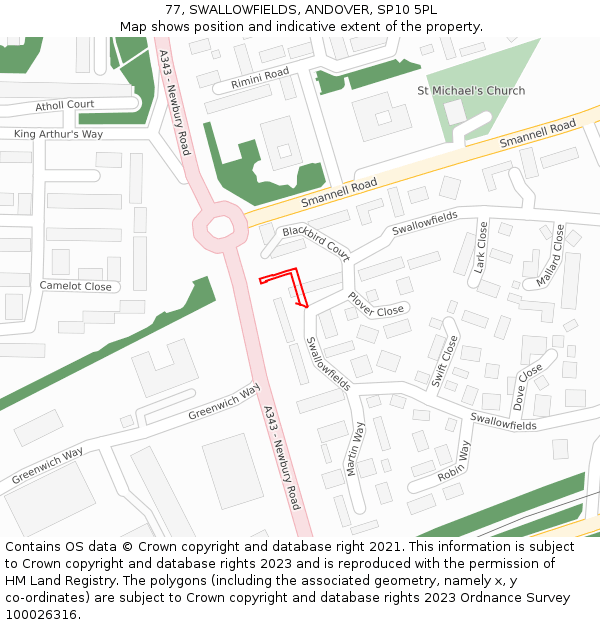 77, SWALLOWFIELDS, ANDOVER, SP10 5PL: Location map and indicative extent of plot