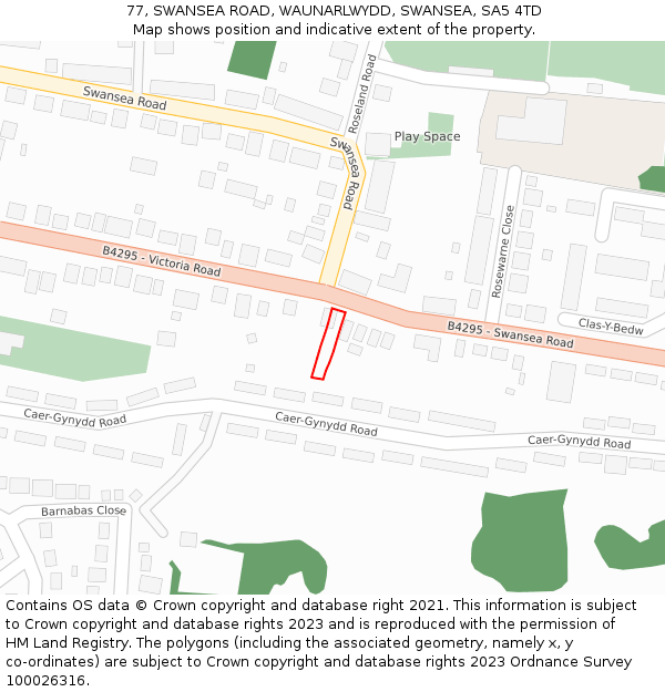 77, SWANSEA ROAD, WAUNARLWYDD, SWANSEA, SA5 4TD: Location map and indicative extent of plot