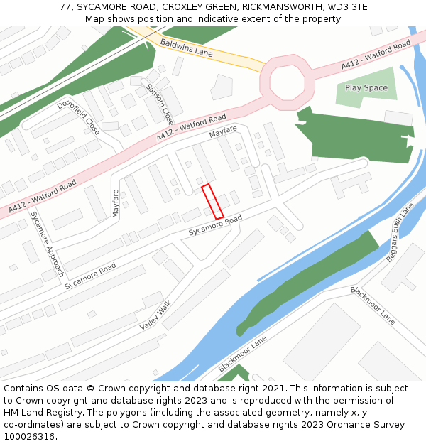 77, SYCAMORE ROAD, CROXLEY GREEN, RICKMANSWORTH, WD3 3TE: Location map and indicative extent of plot