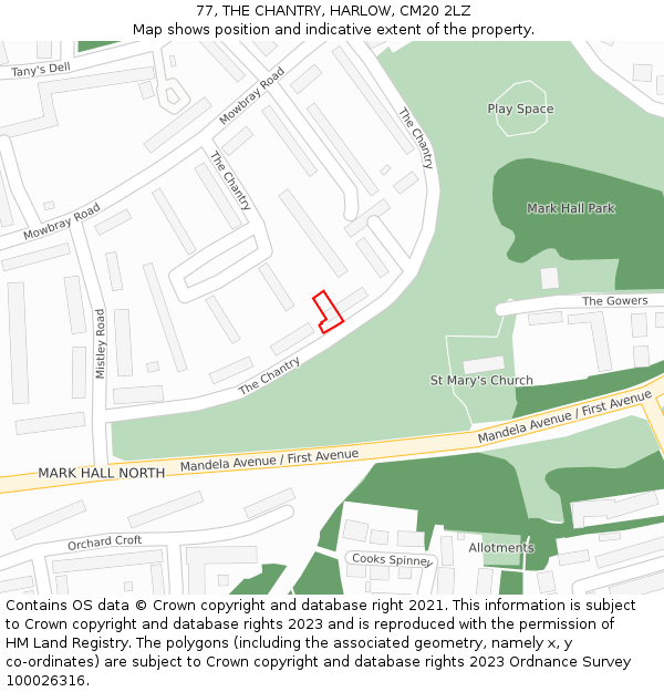 77, THE CHANTRY, HARLOW, CM20 2LZ: Location map and indicative extent of plot