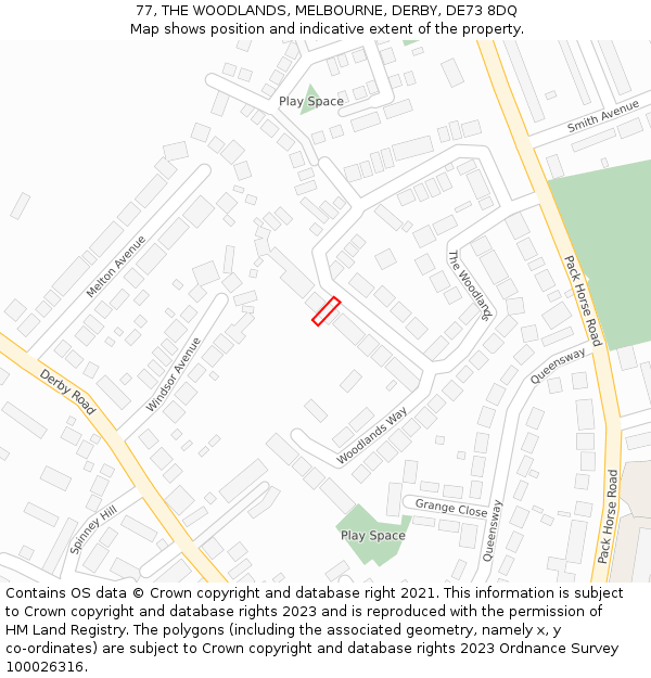 77, THE WOODLANDS, MELBOURNE, DERBY, DE73 8DQ: Location map and indicative extent of plot