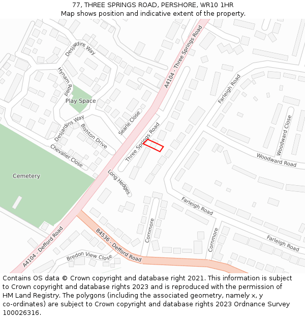 77, THREE SPRINGS ROAD, PERSHORE, WR10 1HR: Location map and indicative extent of plot