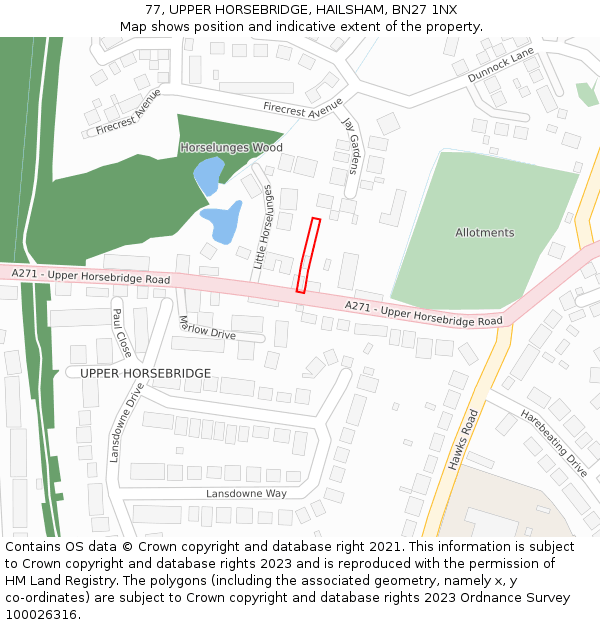 77, UPPER HORSEBRIDGE, HAILSHAM, BN27 1NX: Location map and indicative extent of plot