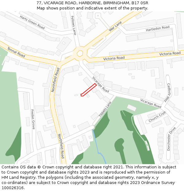 77, VICARAGE ROAD, HARBORNE, BIRMINGHAM, B17 0SR: Location map and indicative extent of plot