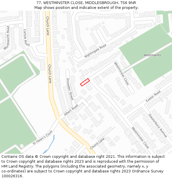 77, WESTMINSTER CLOSE, MIDDLESBROUGH, TS6 9NR: Location map and indicative extent of plot