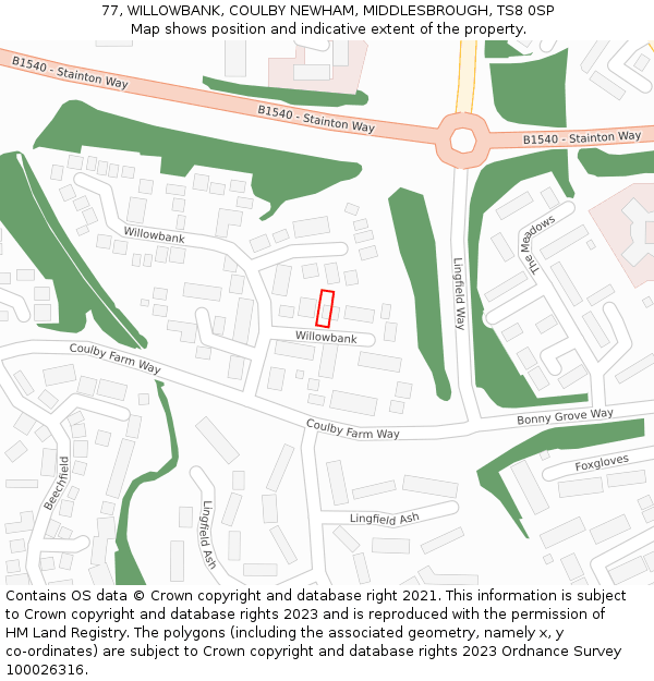 77, WILLOWBANK, COULBY NEWHAM, MIDDLESBROUGH, TS8 0SP: Location map and indicative extent of plot