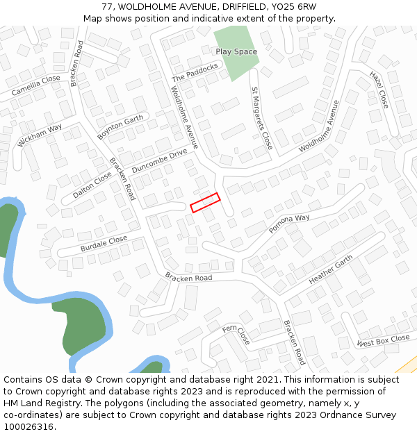 77, WOLDHOLME AVENUE, DRIFFIELD, YO25 6RW: Location map and indicative extent of plot