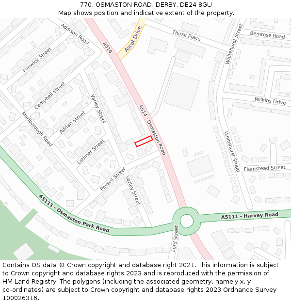 770, OSMASTON ROAD, DERBY, DE24 8GU: Location map and indicative extent of plot