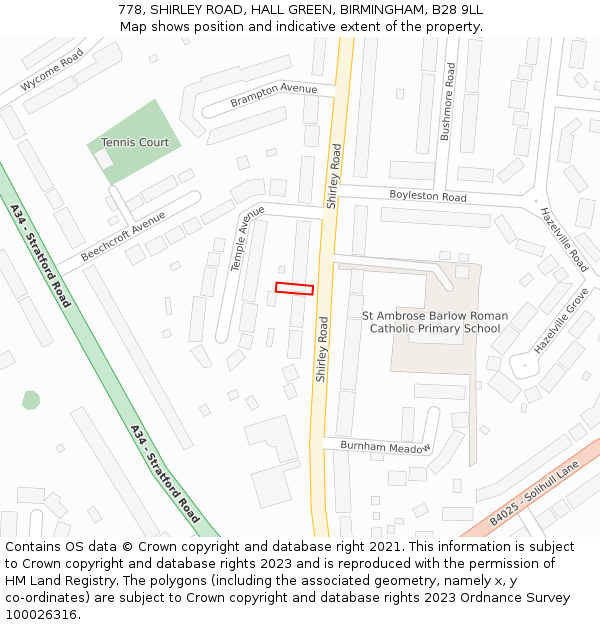 778, SHIRLEY ROAD, HALL GREEN, BIRMINGHAM, B28 9LL: Location map and indicative extent of plot