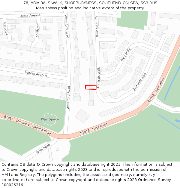 78, ADMIRALS WALK, SHOEBURYNESS, SOUTHEND-ON-SEA, SS3 9HS: Location map and indicative extent of plot