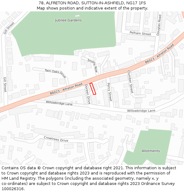 78, ALFRETON ROAD, SUTTON-IN-ASHFIELD, NG17 1FS: Location map and indicative extent of plot