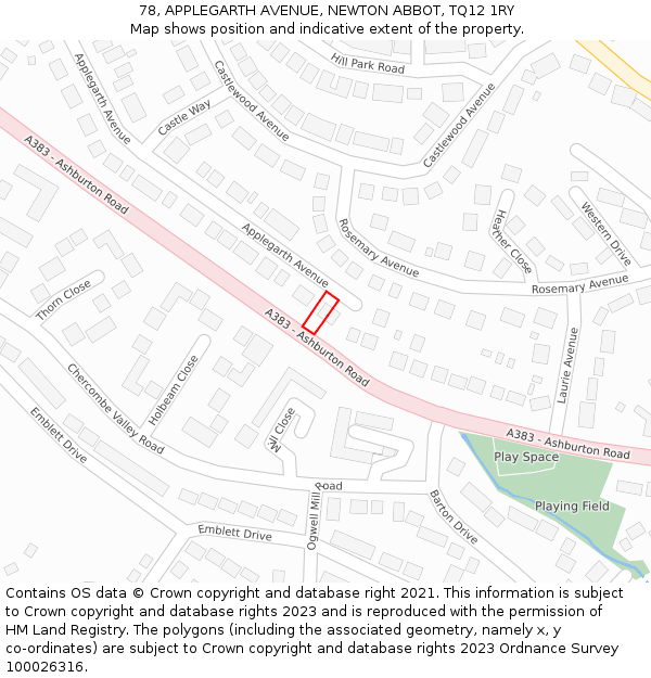 78, APPLEGARTH AVENUE, NEWTON ABBOT, TQ12 1RY: Location map and indicative extent of plot