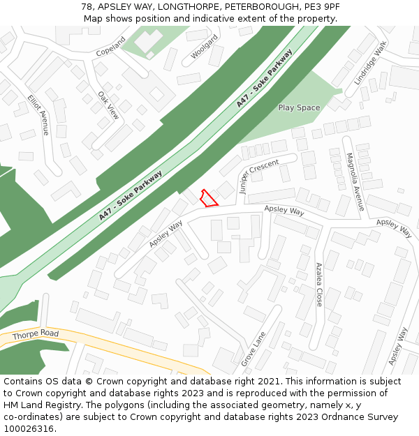 78, APSLEY WAY, LONGTHORPE, PETERBOROUGH, PE3 9PF: Location map and indicative extent of plot