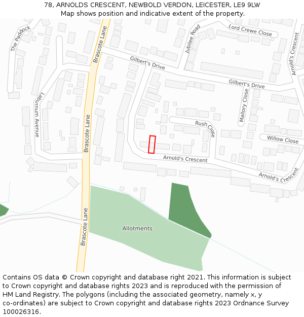 78, ARNOLDS CRESCENT, NEWBOLD VERDON, LEICESTER, LE9 9LW: Location map and indicative extent of plot
