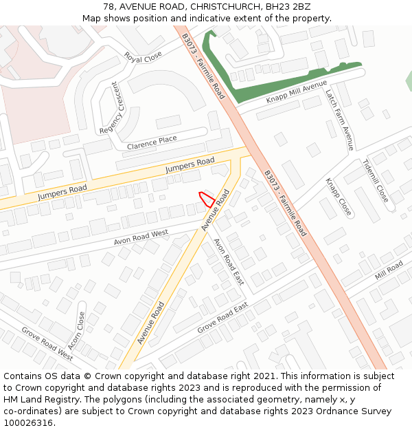 78, AVENUE ROAD, CHRISTCHURCH, BH23 2BZ: Location map and indicative extent of plot