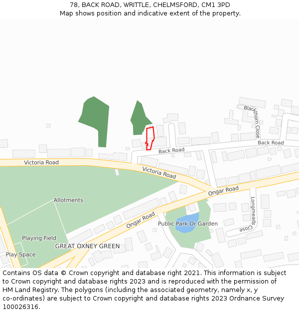 78, BACK ROAD, WRITTLE, CHELMSFORD, CM1 3PD: Location map and indicative extent of plot