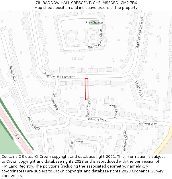 78, BADDOW HALL CRESCENT, CHELMSFORD, CM2 7BX: Location map and indicative extent of plot