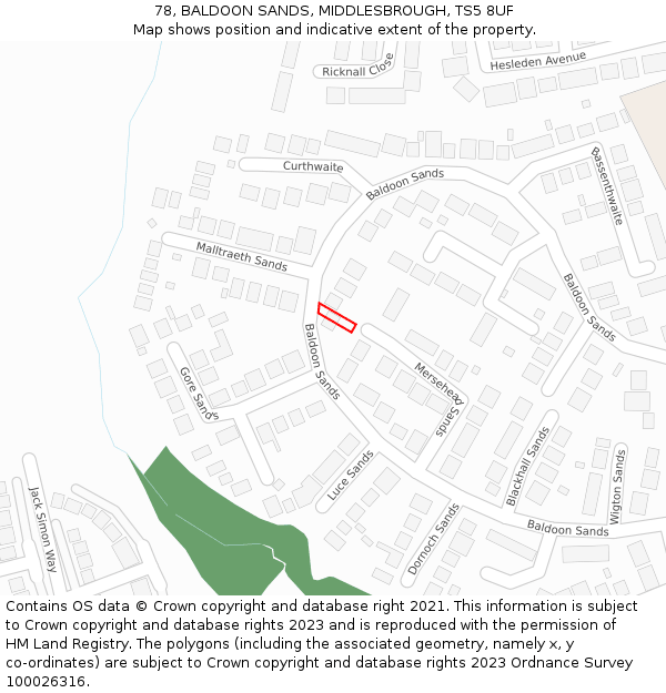 78, BALDOON SANDS, MIDDLESBROUGH, TS5 8UF: Location map and indicative extent of plot