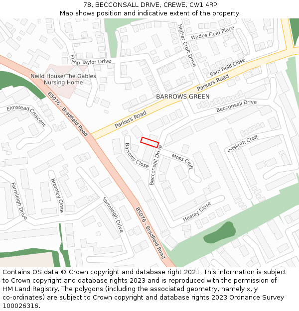 78, BECCONSALL DRIVE, CREWE, CW1 4RP: Location map and indicative extent of plot