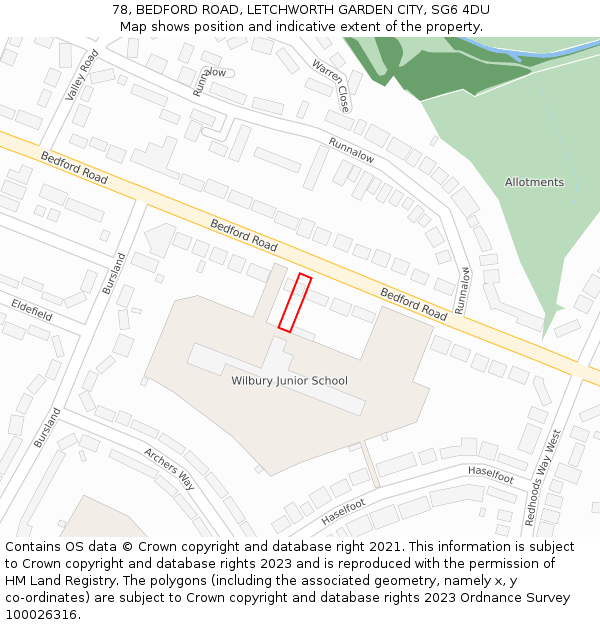 78, BEDFORD ROAD, LETCHWORTH GARDEN CITY, SG6 4DU: Location map and indicative extent of plot