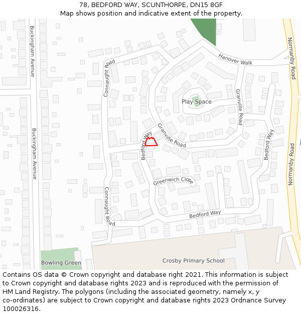 78, BEDFORD WAY, SCUNTHORPE, DN15 8GF: Location map and indicative extent of plot