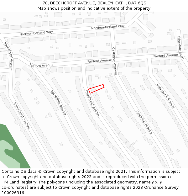78, BEECHCROFT AVENUE, BEXLEYHEATH, DA7 6QS: Location map and indicative extent of plot
