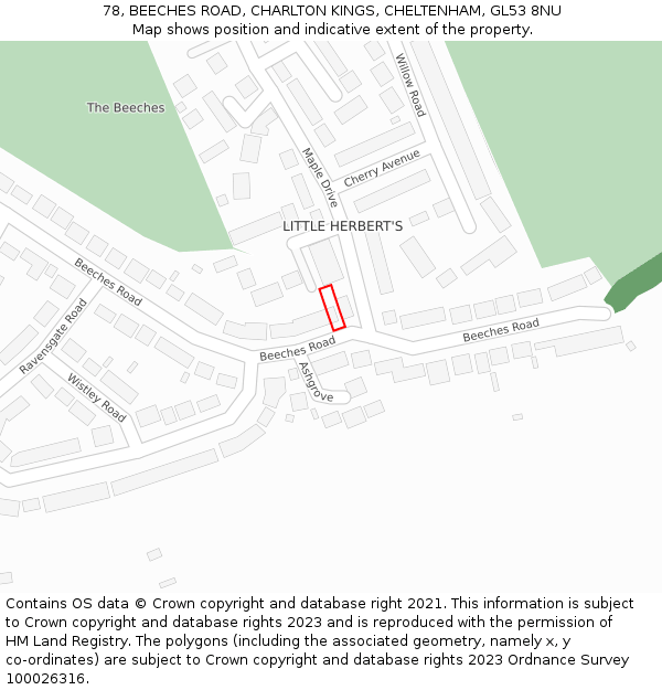 78, BEECHES ROAD, CHARLTON KINGS, CHELTENHAM, GL53 8NU: Location map and indicative extent of plot