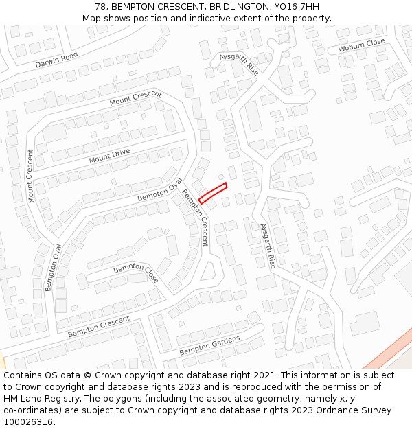 78, BEMPTON CRESCENT, BRIDLINGTON, YO16 7HH: Location map and indicative extent of plot