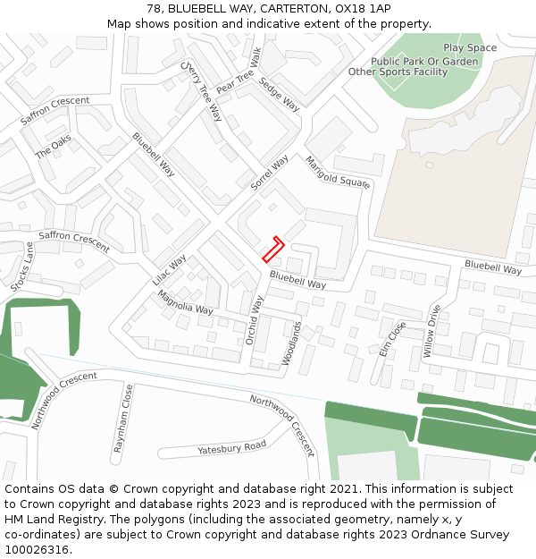 78, BLUEBELL WAY, CARTERTON, OX18 1AP: Location map and indicative extent of plot