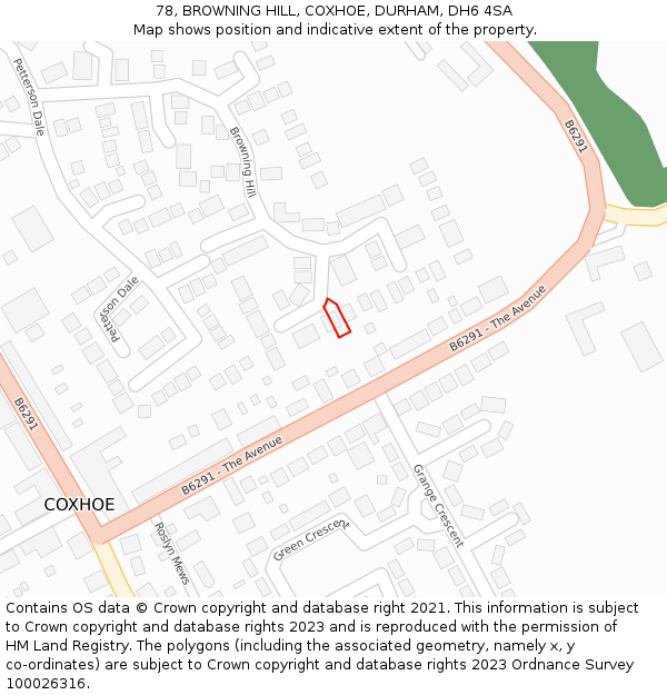 78, BROWNING HILL, COXHOE, DURHAM, DH6 4SA: Location map and indicative extent of plot
