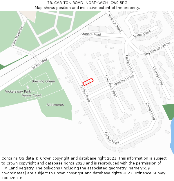 78, CARLTON ROAD, NORTHWICH, CW9 5PG: Location map and indicative extent of plot