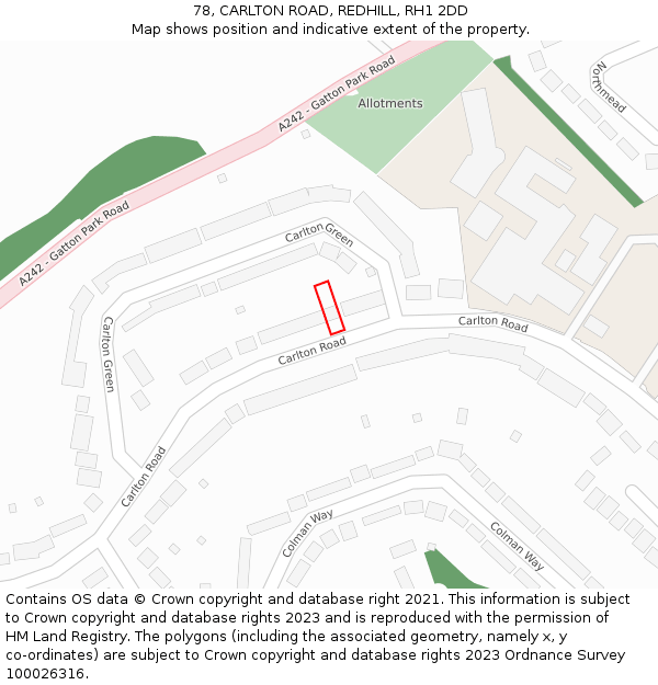 78, CARLTON ROAD, REDHILL, RH1 2DD: Location map and indicative extent of plot