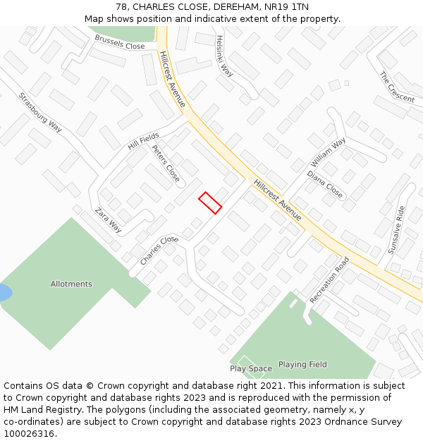 78, CHARLES CLOSE, DEREHAM, NR19 1TN: Location map and indicative extent of plot