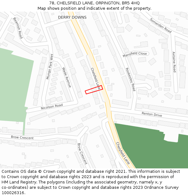 78, CHELSFIELD LANE, ORPINGTON, BR5 4HQ: Location map and indicative extent of plot