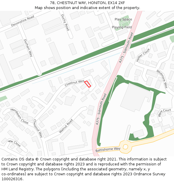 78, CHESTNUT WAY, HONITON, EX14 2XF: Location map and indicative extent of plot